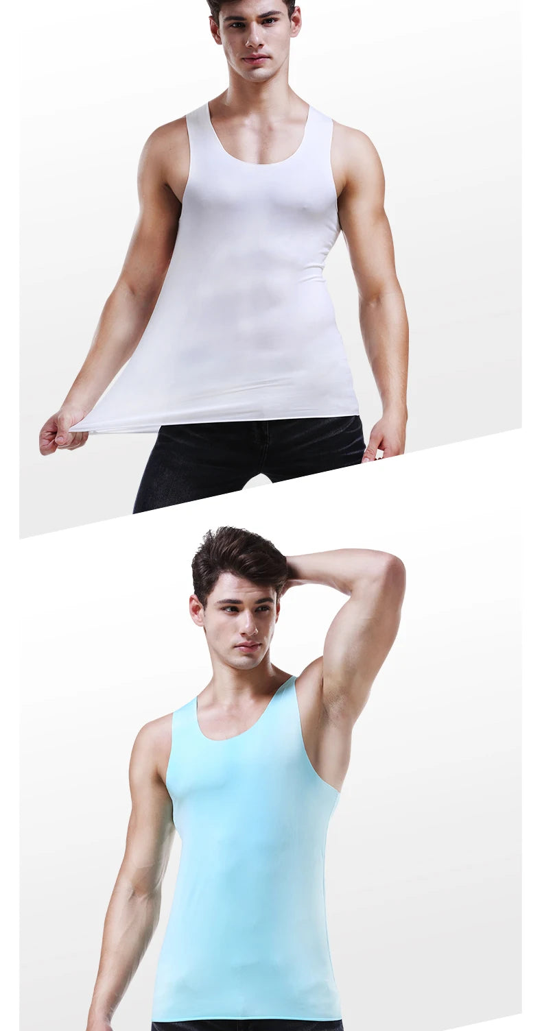Men's seamless fitness vest, white and light blue, sleeveless scoop neck on model