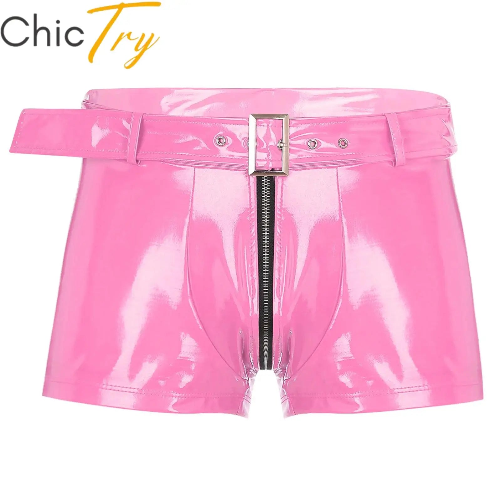 Pink wet-look PVC boxer briefs with front zipper and adjustable belt strap