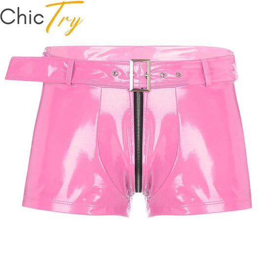 Pink wet-look PVC boxer briefs with front zipper and adjustable belt strap