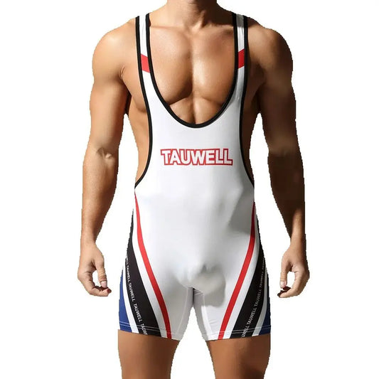 White wrestling compression bodysuit singlet with black trim and red stripe, front logo