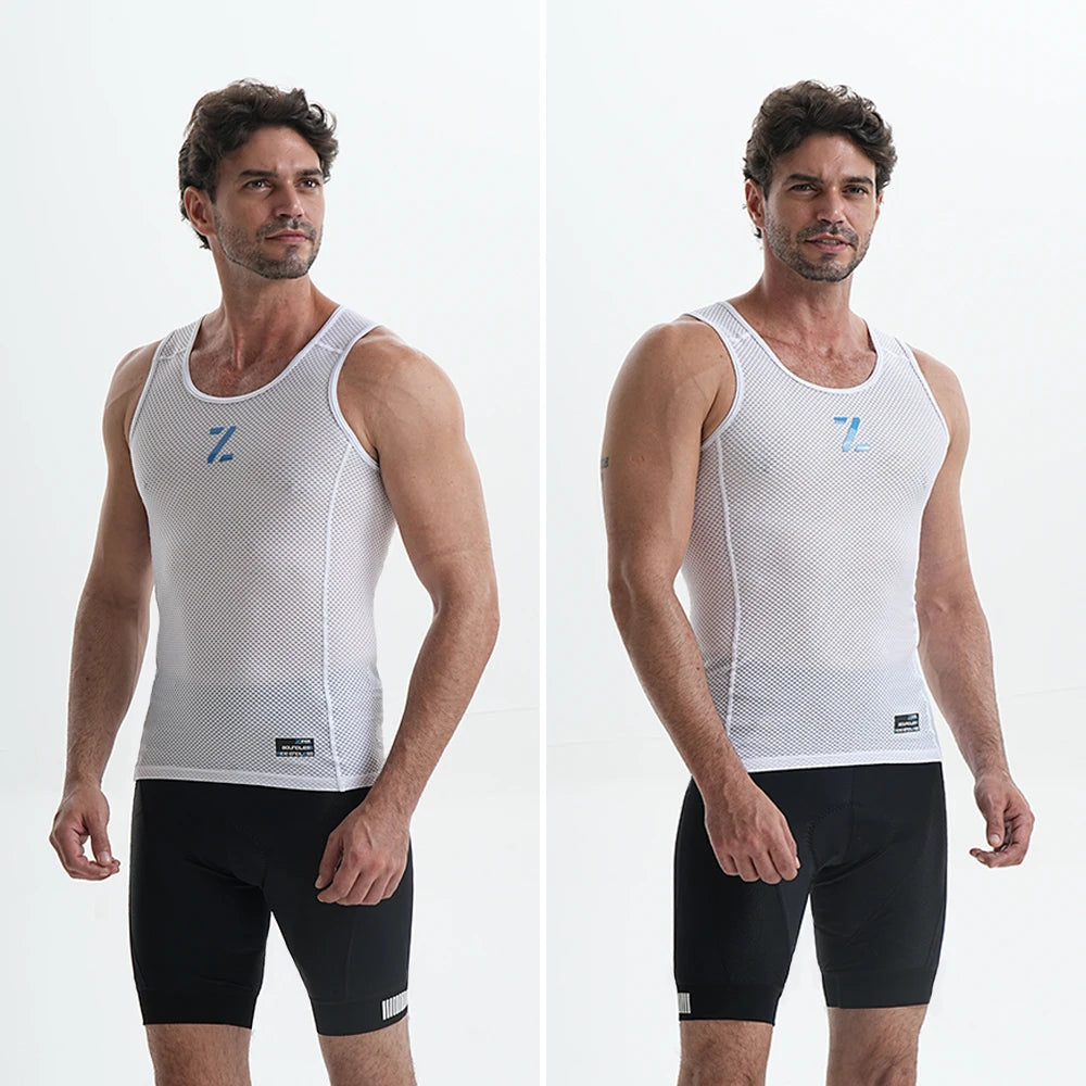 White men's cycling mesh vest base layer on model, sleeveless crew neck