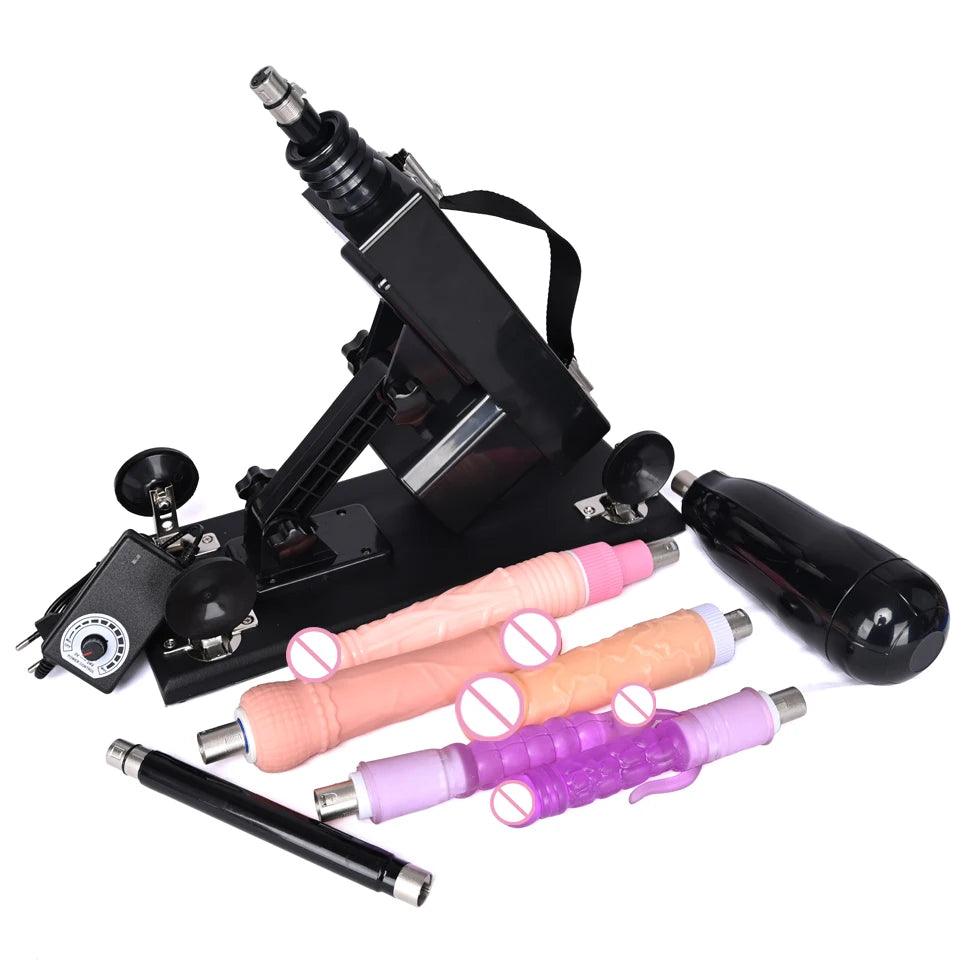 Automatic thrusting sex machine with pale pink, orange, and purple rod attachments
