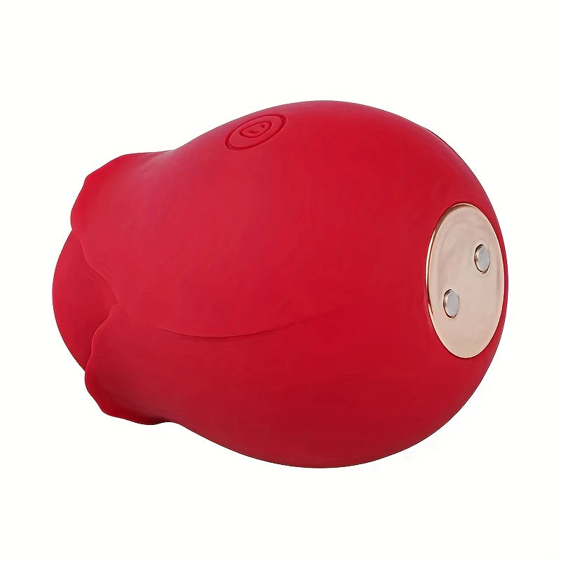 Red rose suction vibrator side view with power icon and two charging contact pads