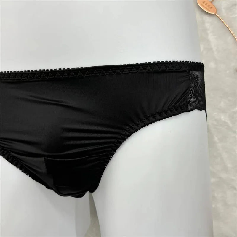Black lace-trim U-pouch brief from side view, smooth ruched front fabric