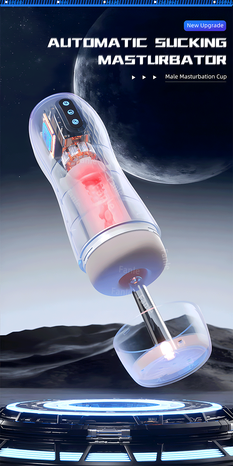 White male masturbator cup upright with base and power control panel