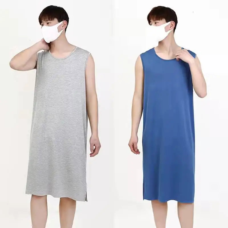 Men's sleeveless sleepwear vest dress worn in gray and blue, sleeveless midi length