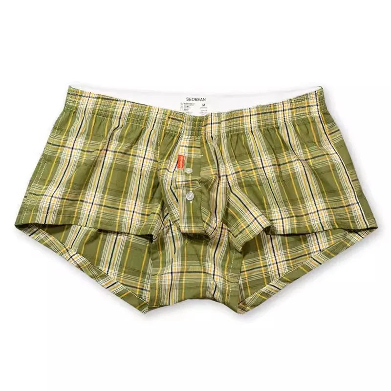 Green plaid cotton boxer briefs with elastic waistband and stitched fly front, 1-piece