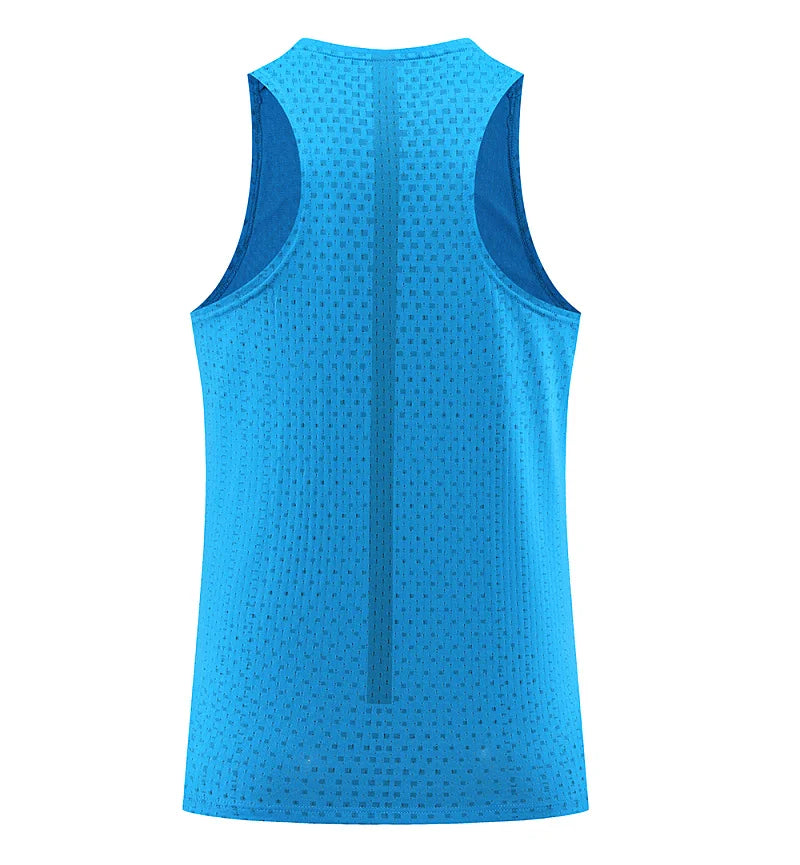 Blue mesh gym vest tank back view with center seam panel and sleeveless cut