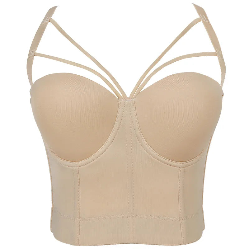 Apricot corset bustier bra with underwire cups and multi-strap bust support waist shaper