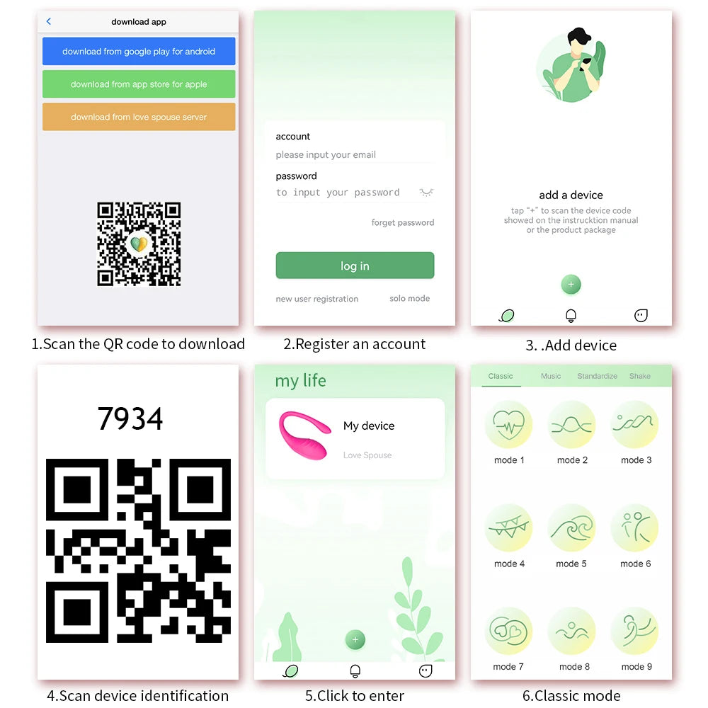Pink curved vibrator with app setup screens showing QR code and device pairing