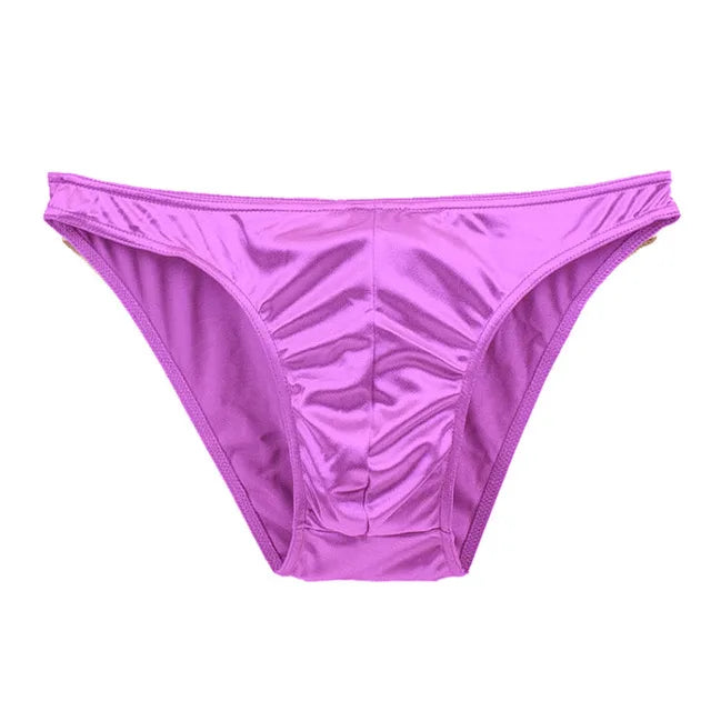 Purple satin silky brief underwear with glossy V-front and fold-over waistband