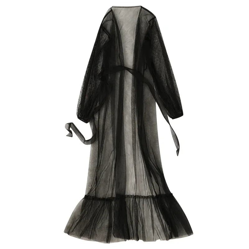 Black sheer long robe nightgown, dotted mesh with ruffled hem and satin tie ribbons