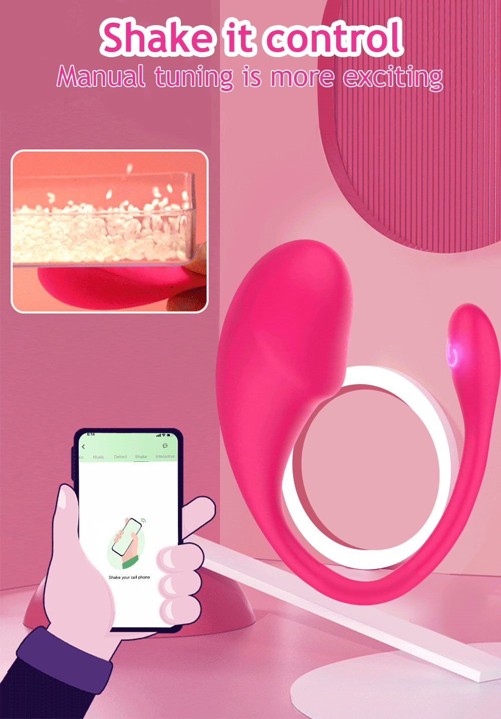 Pink g-spot vibrator with shake/tuning control, curved handle and bulb tip