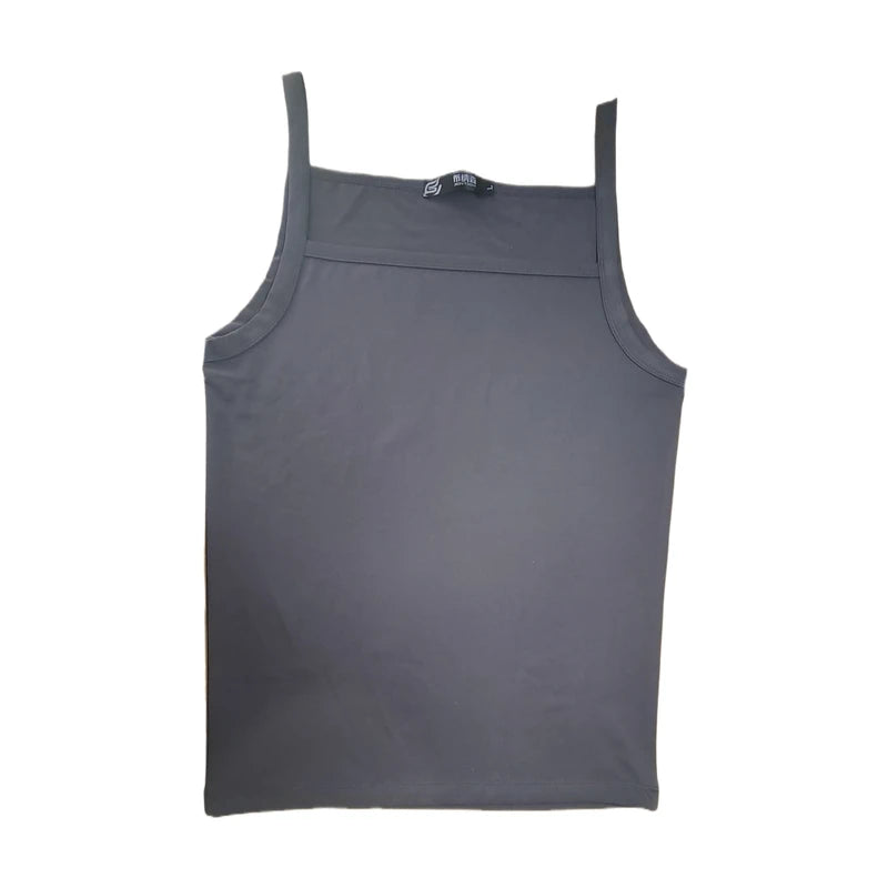 Gray cotton spaghetti-strap vest with square neckline, front view