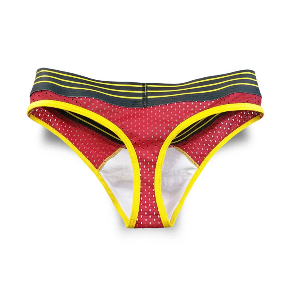 Red mesh U-pouch brief with contrast black top band, yellow trim, and curved front view