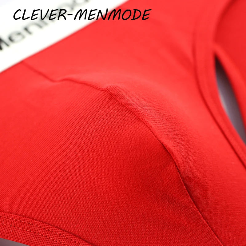 Red cotton open-back anal brief, close-up of fabric and stitching
