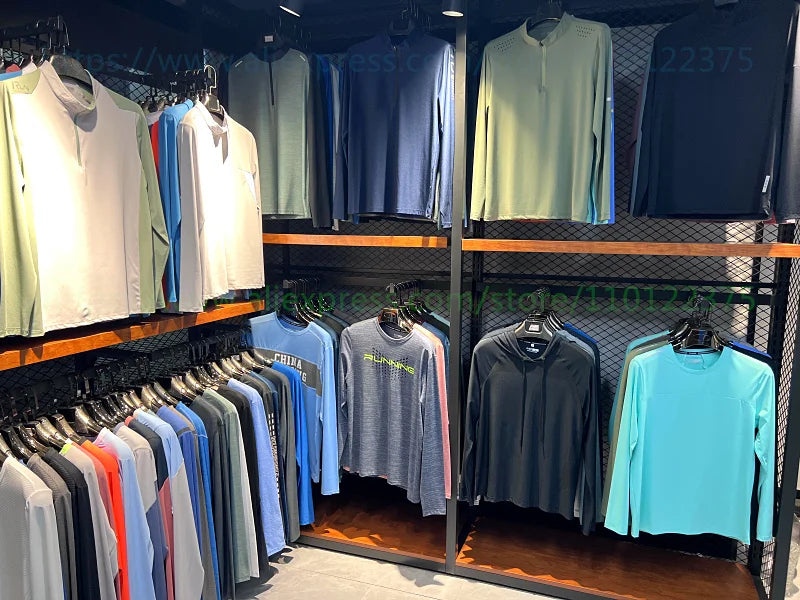 Men's mesh gym vest tanks on display, white, light green, navy, and blue