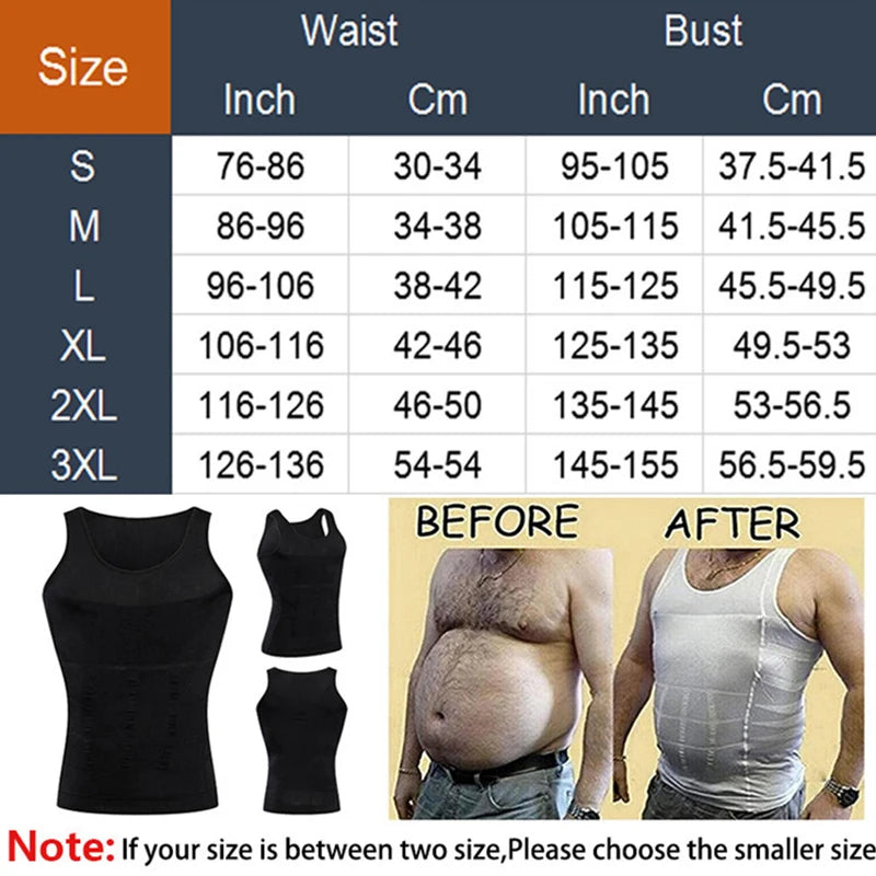 Size chart for compression corset vest with waist and bust measurements