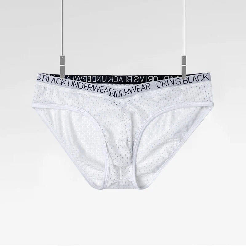 White sheer mesh pouch brief with dot mesh texture and logo waistband