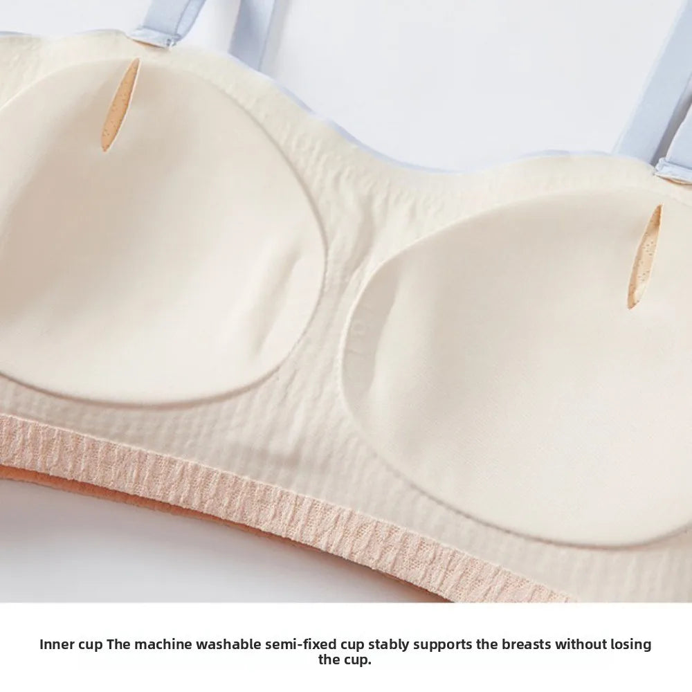 Nude beige wireless bra with semi-fixed molded cups and elastic underband