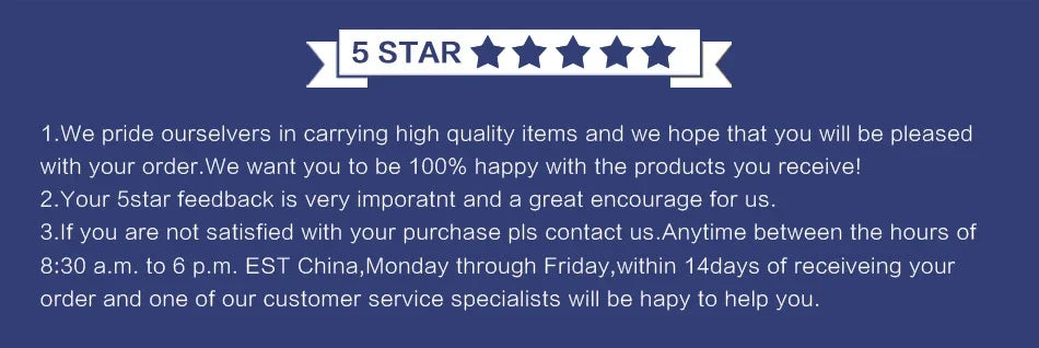 5 star customer service message on banner with contact and shipping note