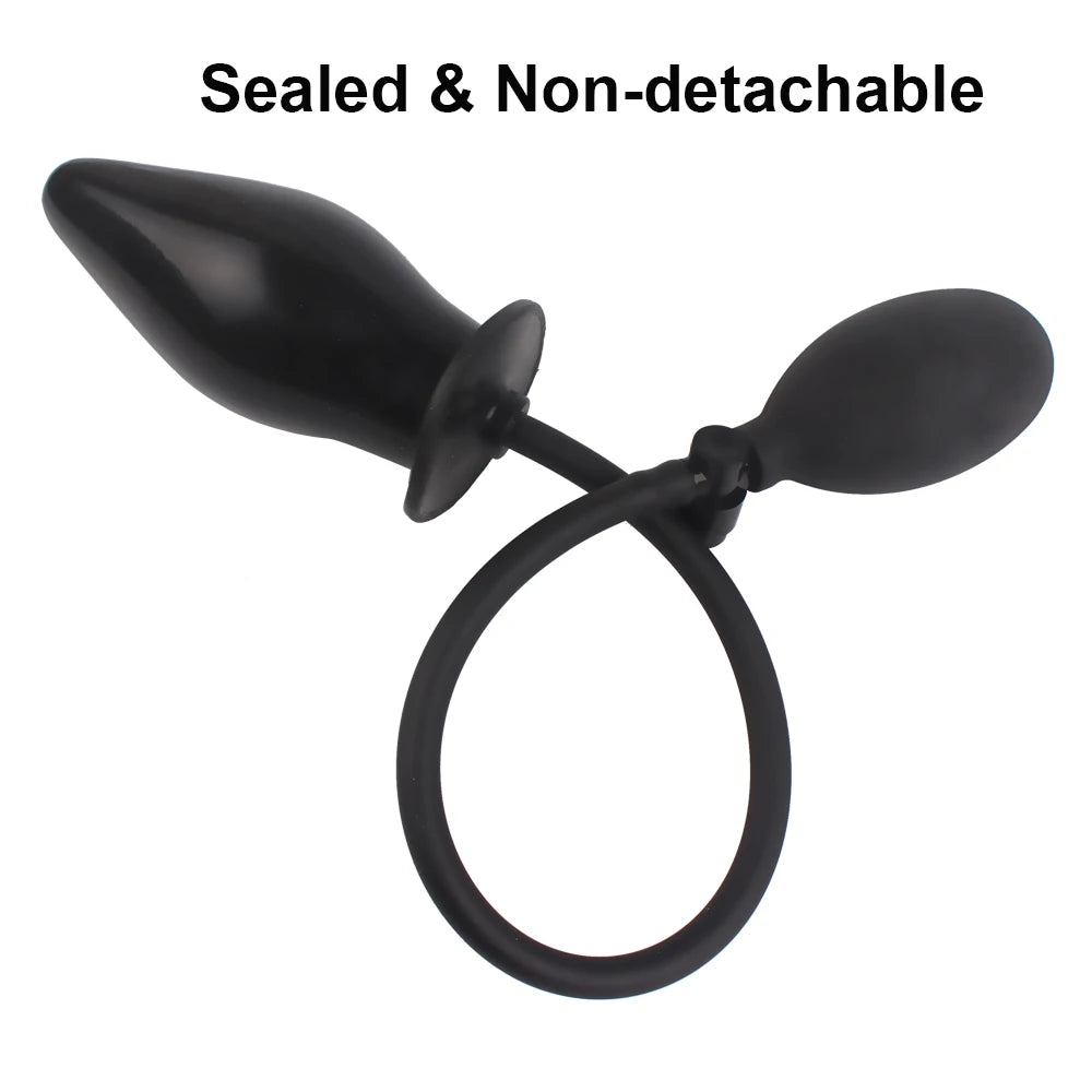 Inflatable anal plug with attached pump loop; sealed, non-detachable design