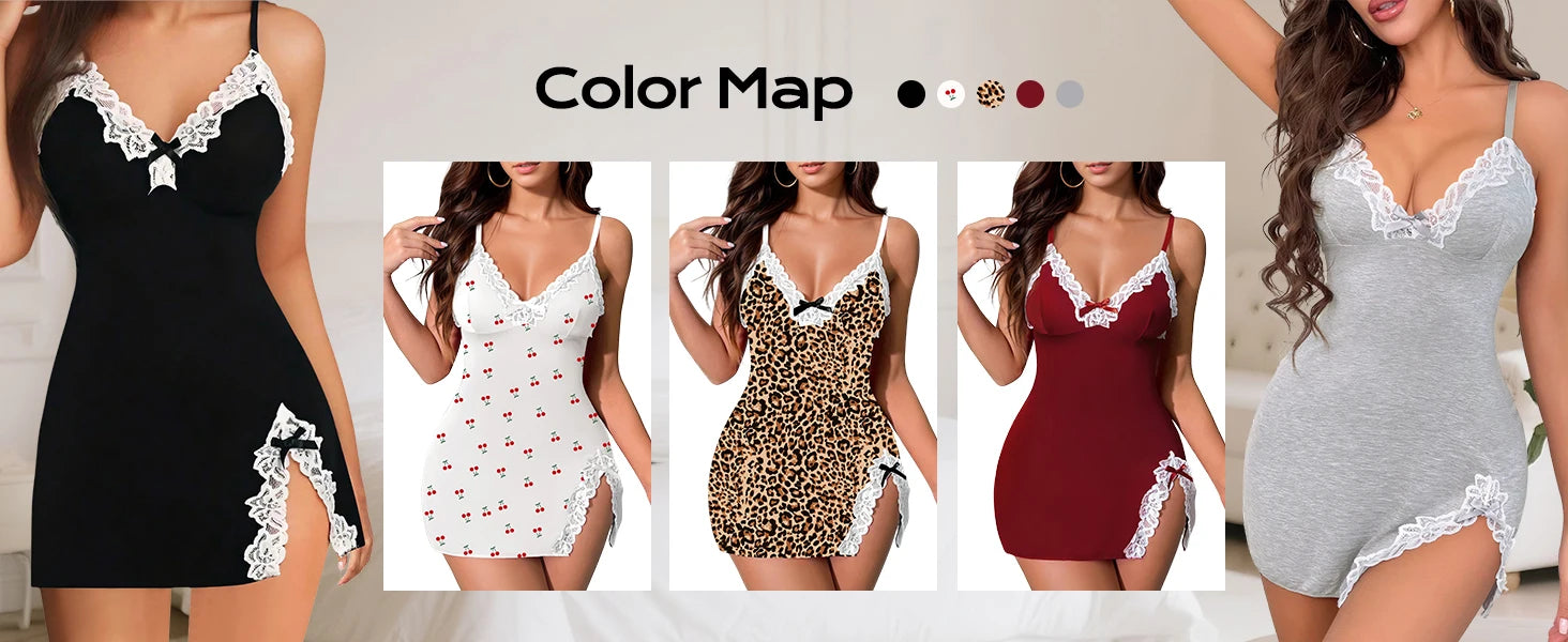 Lace-trim babydoll chemise shown in multiple colors on models