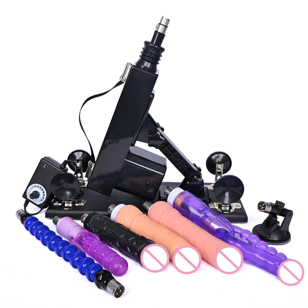 Automatic thrusting sex machine with peach and purple dildos, black frame and stand