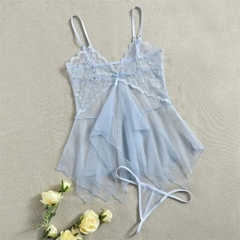 White sheer tulle lace babydoll chemise set with matching thong, ruffle lace trim