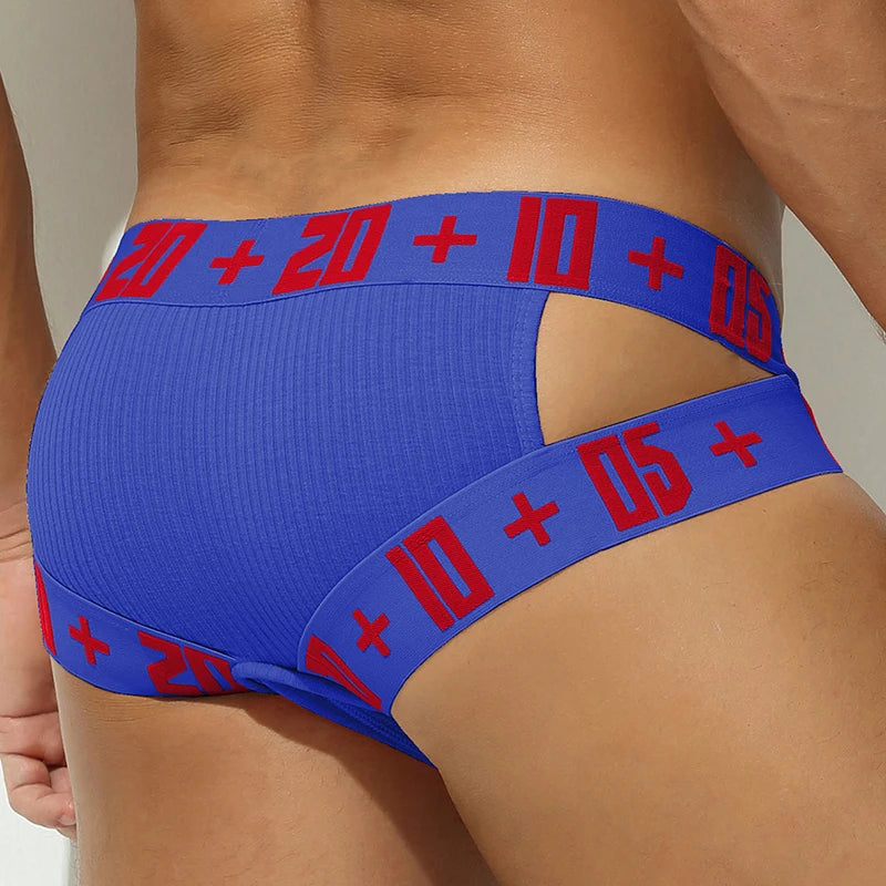 Classic stretch brief, royal blue fabric with blue waistband and red numbers + signs