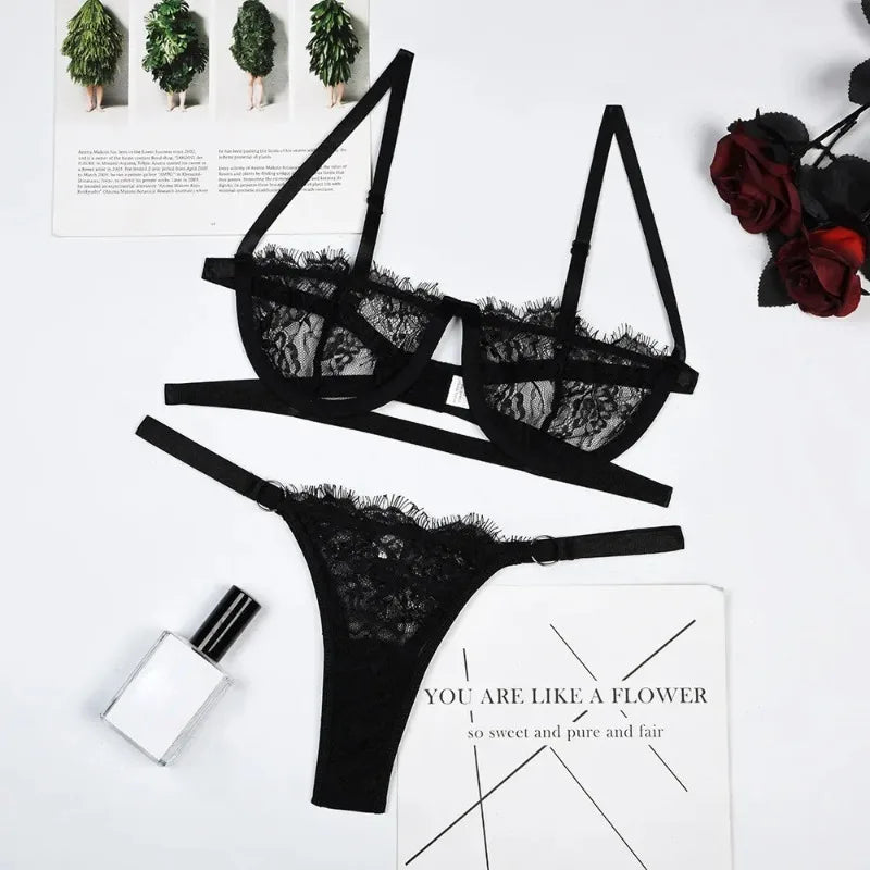 Black embroidered lace push-up bra and thong-style brief set with lace cups