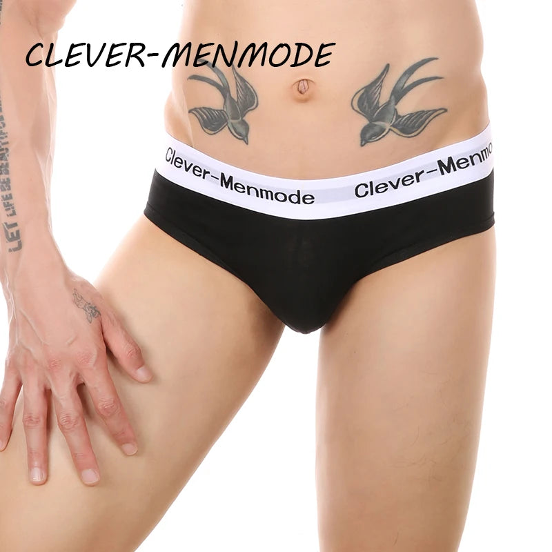 Open-back cotton anal brief, dark navy/black, low-rise fit with wide white logo waistband