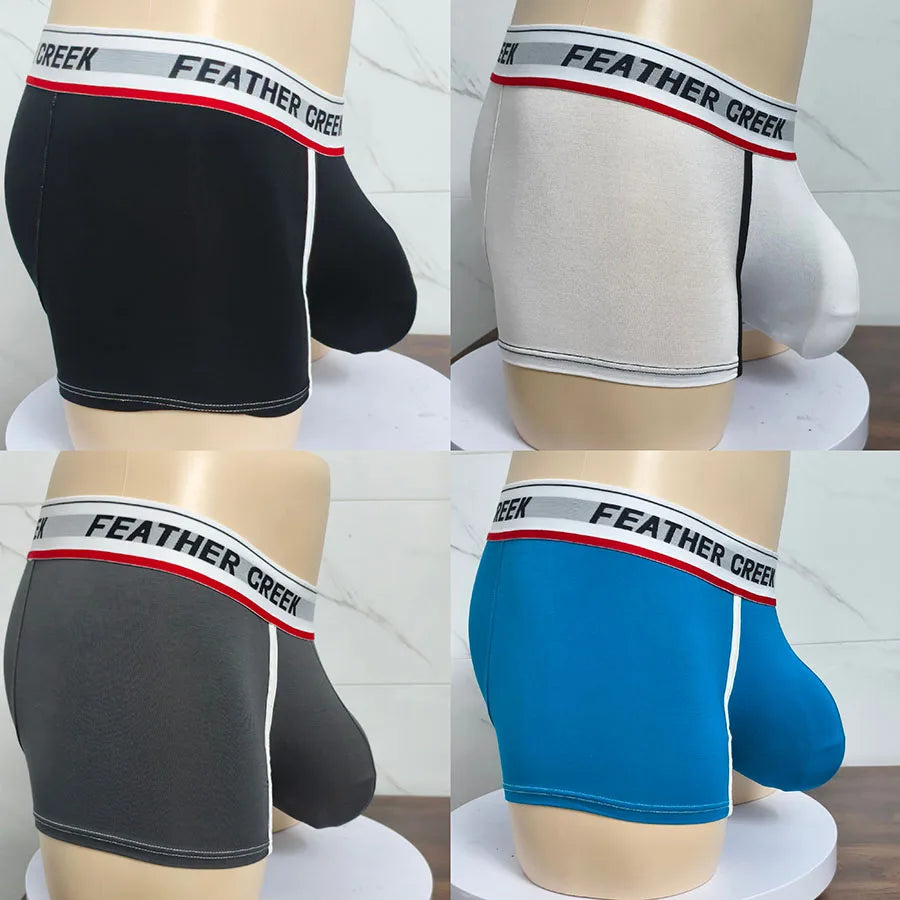 Sports boxer shorts in black, gray, white, and blue with white contrast seams
