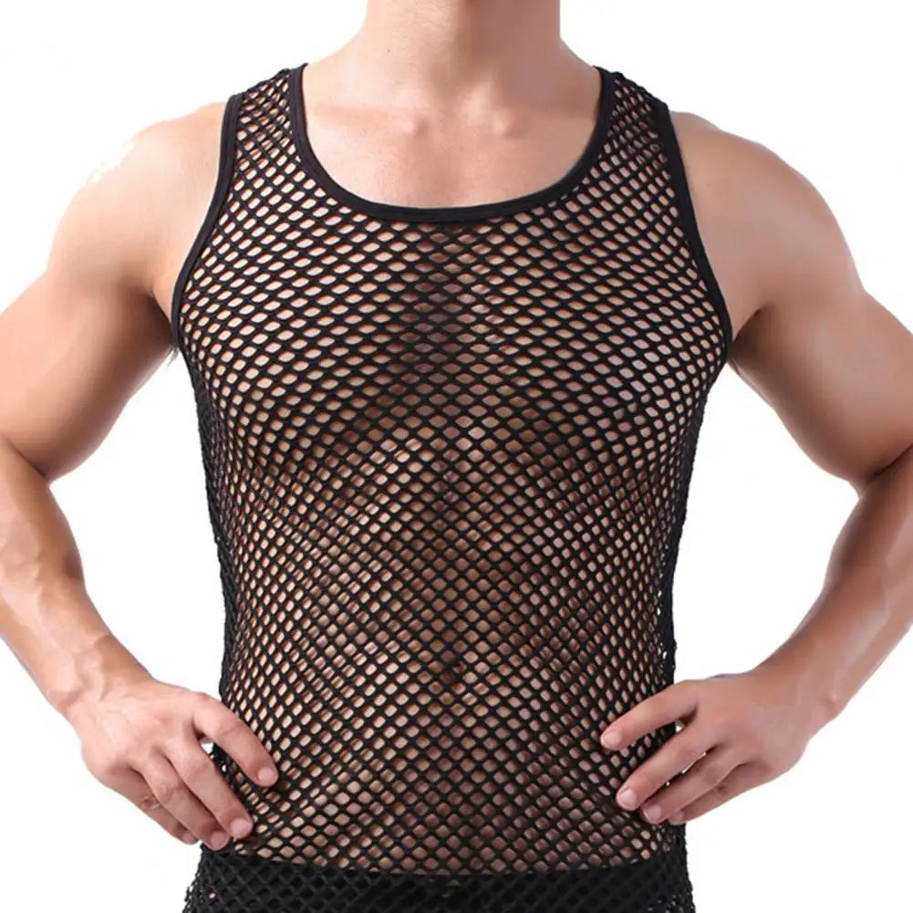 Black sheer mesh long sleeve vest front with round neckline and diamond lattice openings