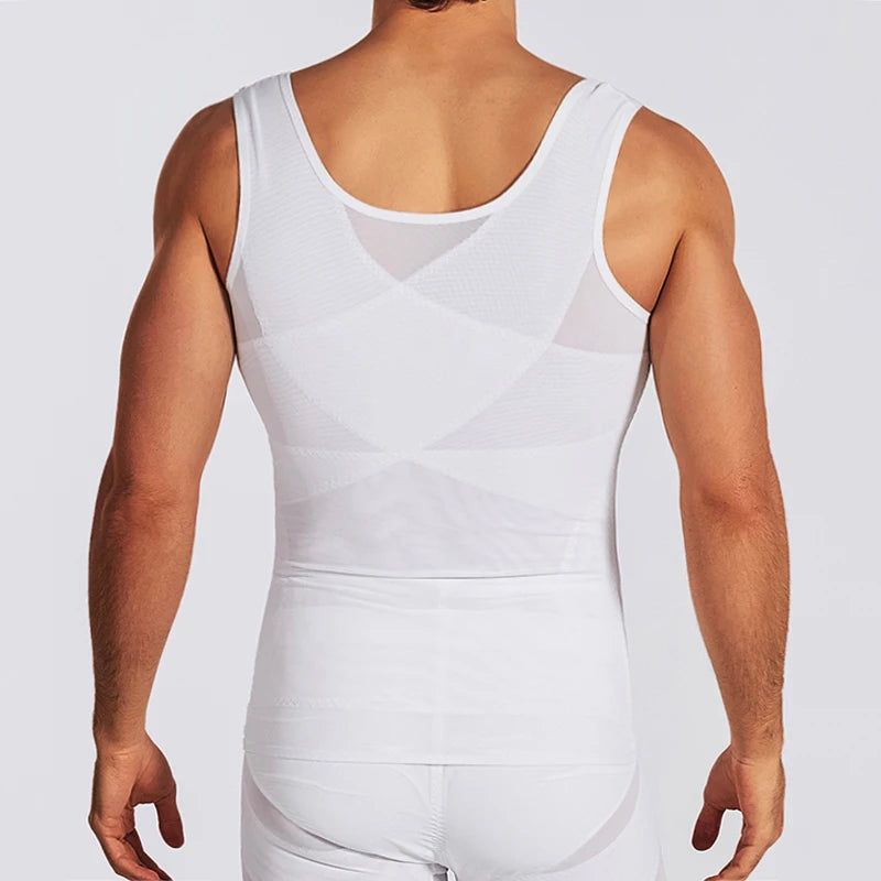 Men's white compression vest with mesh insert at chest and smooth abdomen shaping