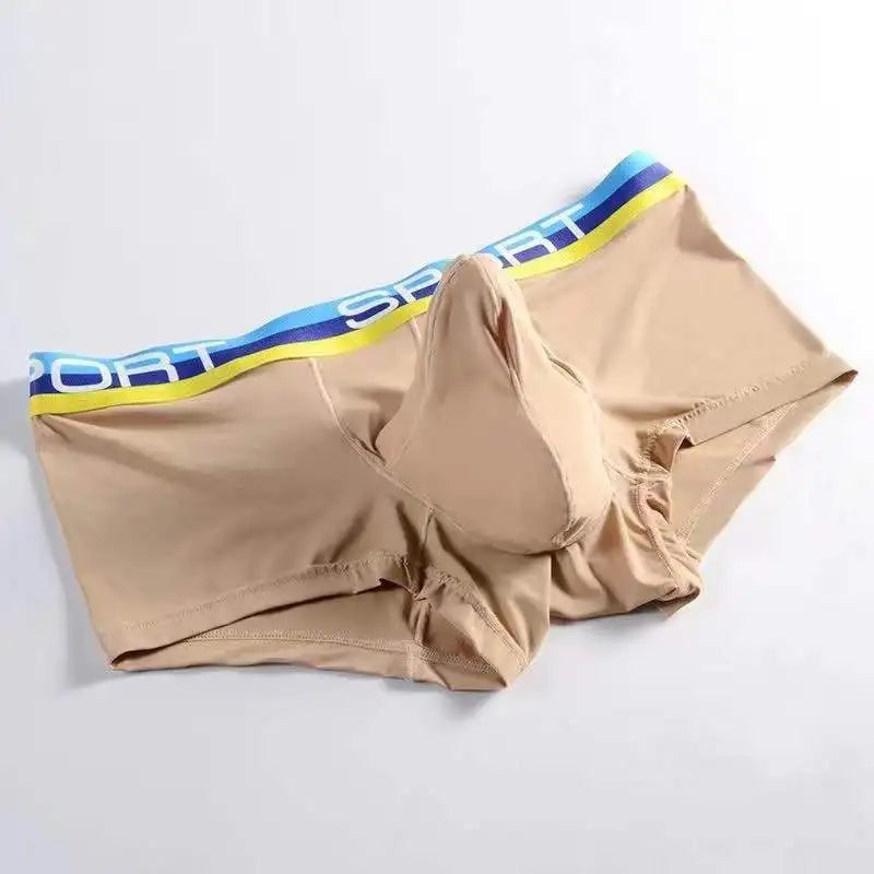 Light tan ice silk brief with striped waistband and contoured pouch design
