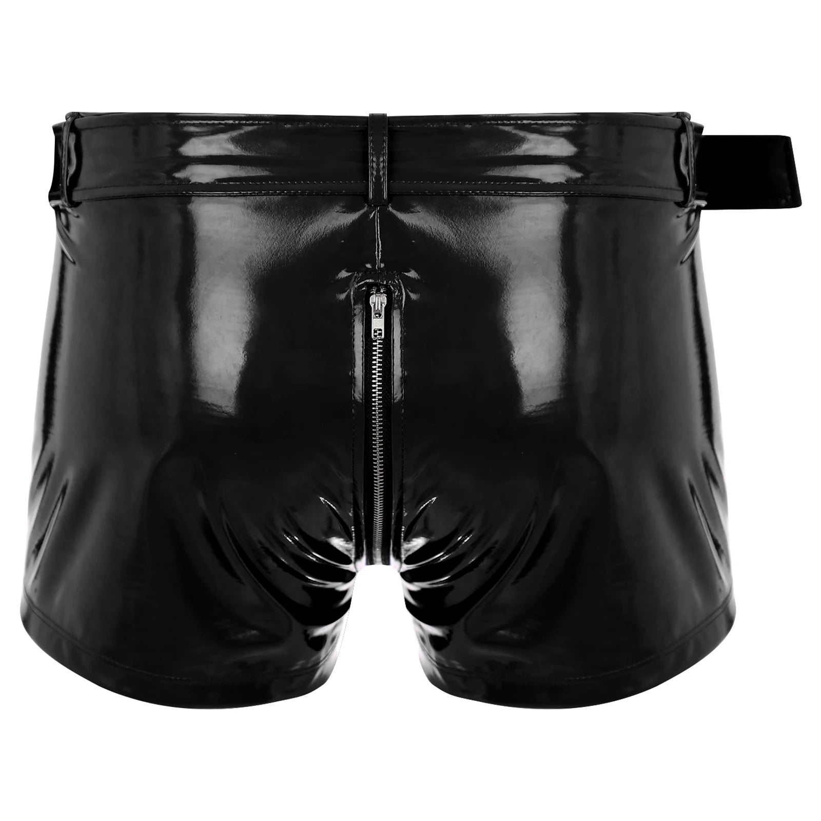 Black wet-look PVC boxer briefs with front zipper and wide waistband belt