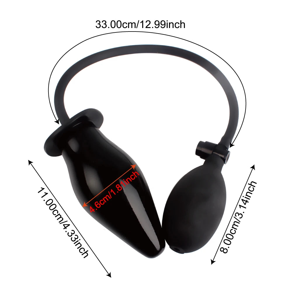 Black inflatable anal plug with curved air hose; size diagram in cm/in