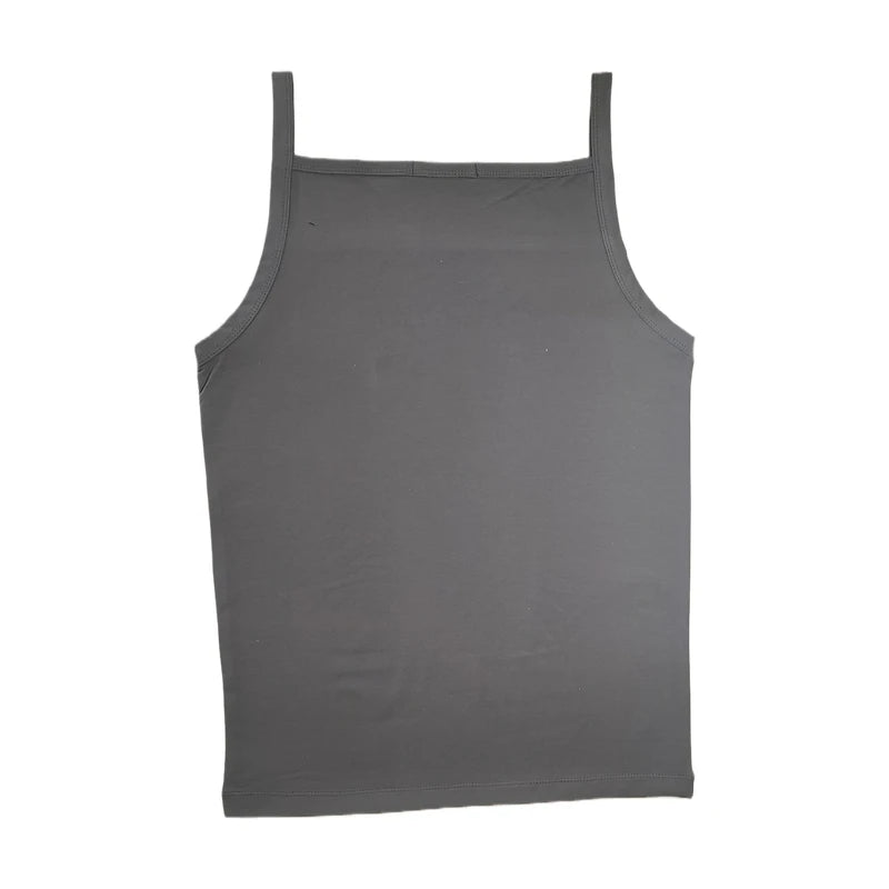 Dark gray cotton spaghetti-strap vest, plain square neckline, front view
