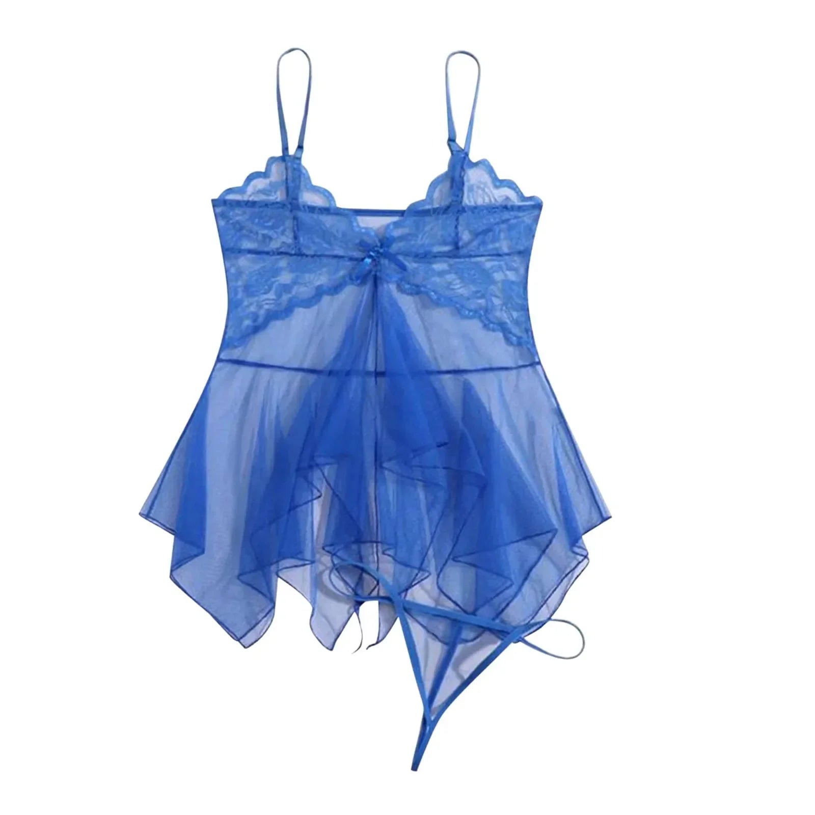 Blue sheer tulle lace babydoll chemise set with matching thong, bow-front detail
