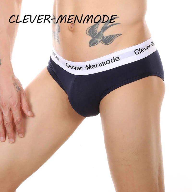 Open-back cotton anal brief, dark navy/black, white logo waistband with low back coverage