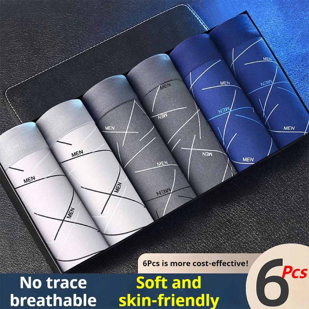 6-pack men’s stretch trunk shorts in a box, six folded prints with elastic waistbands