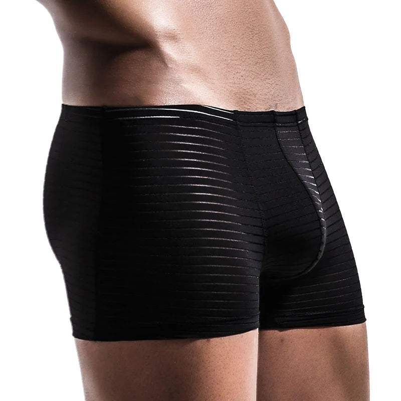 Black mesh boxer brief, side seam view with vertical stripe pattern