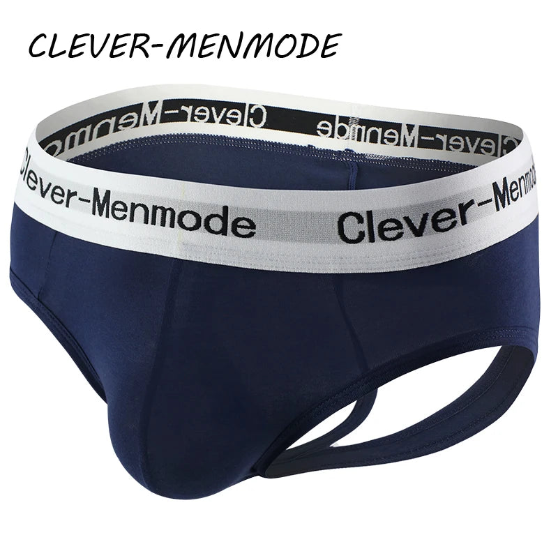 Royal blue cotton open-back anal brief with wide logo waistband and side cutout