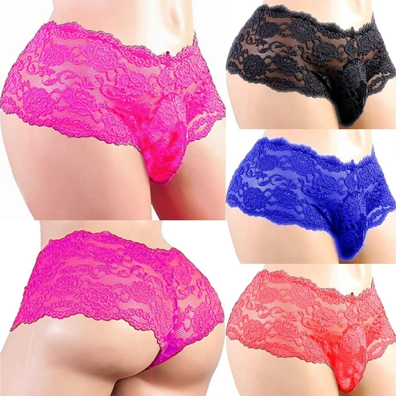 Rose-red lace sissy jockstrap brief with scalloped lace trim and floral pattern