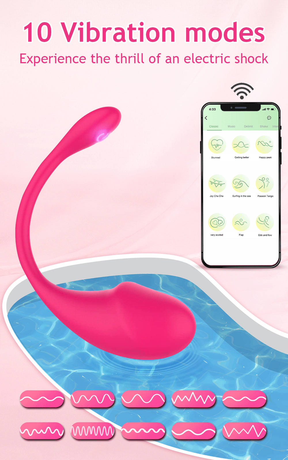 Pink curved vibrator with smartphone showing 10 vibration modes