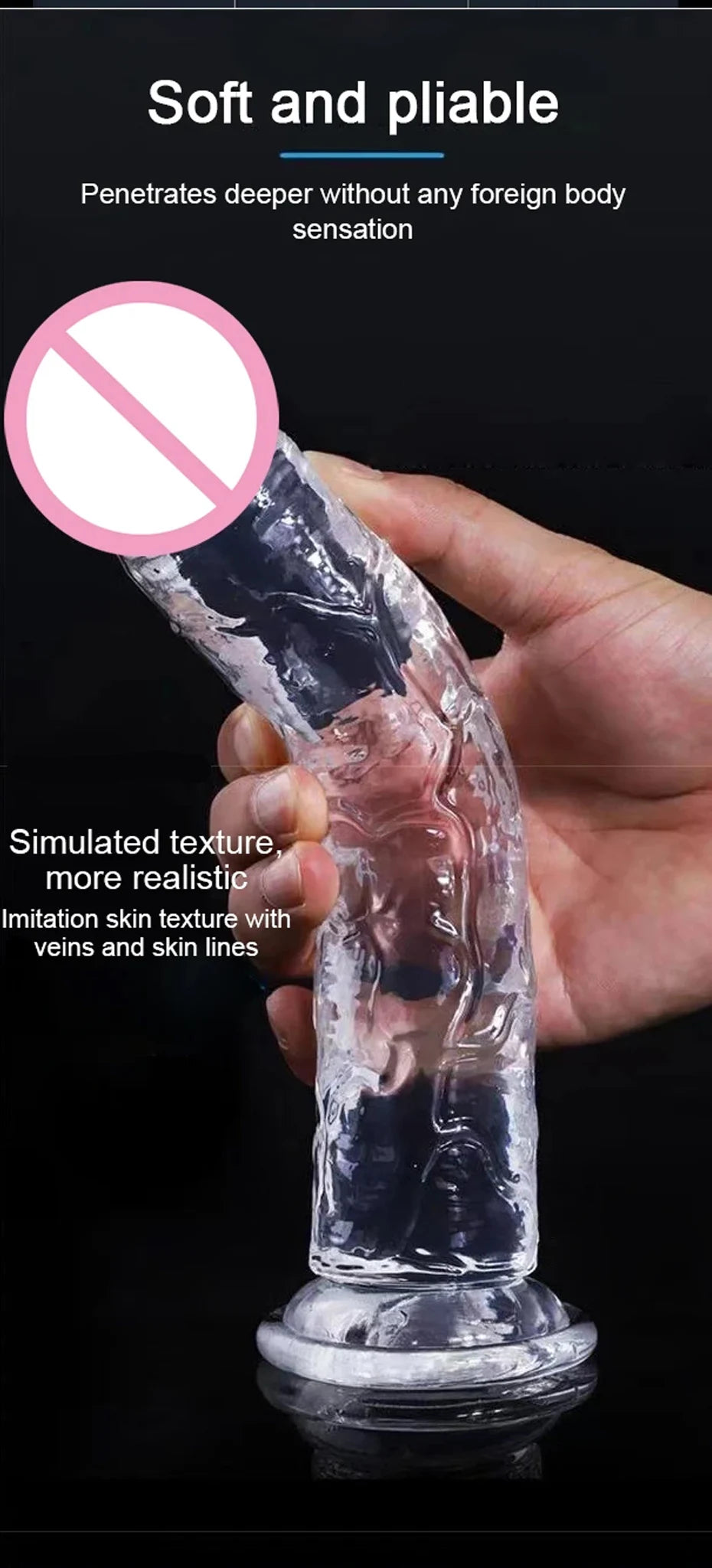 Realistic jelly dildo with suction cup, close view of clear dark body and base