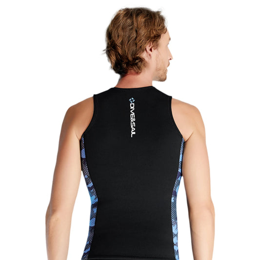 Men's black sleeveless wetsuit vest with blue camo side panels, back view