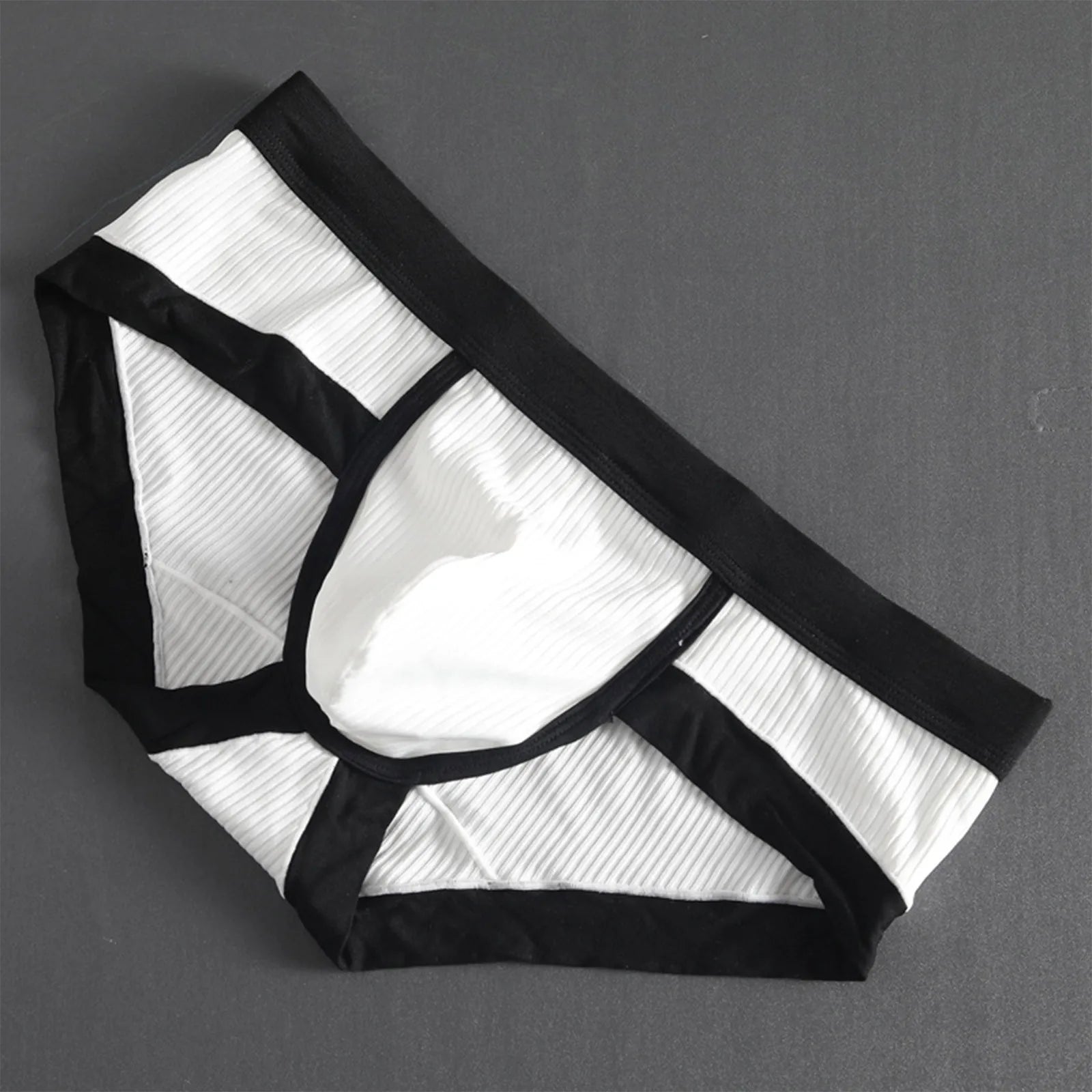 White-and-black striped U-pouch low-rise brief with black waistband