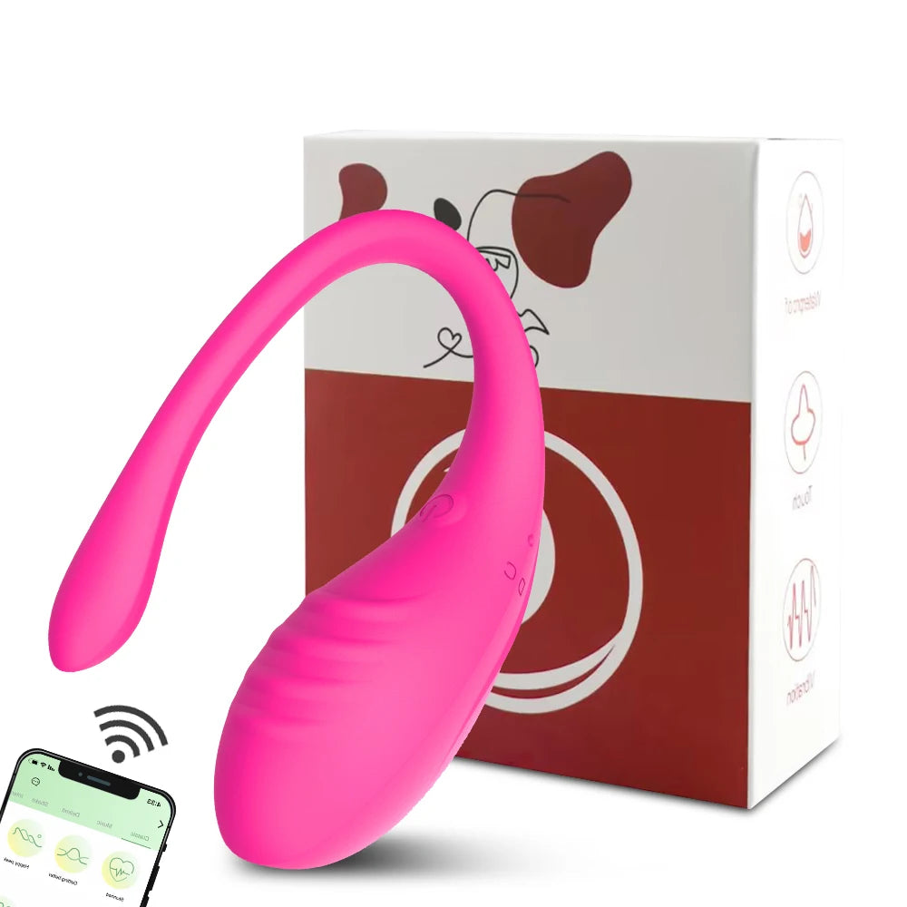 Pink U-shaped wearable G-spot vibrator in front of retail box packaging